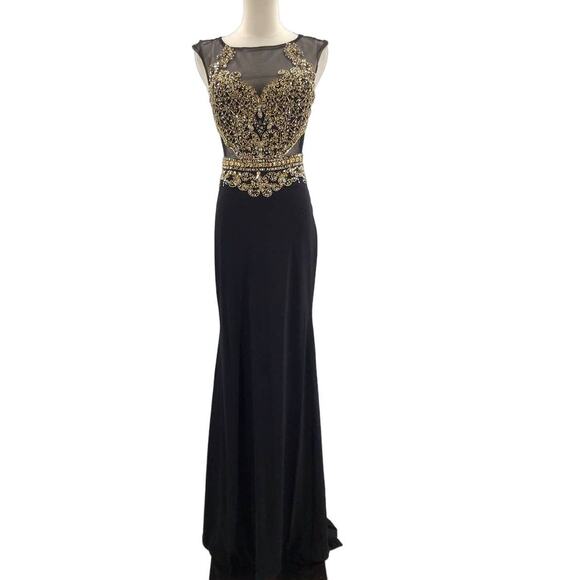 ASPEED SZ S black gold hand beaded mesh sleeveless cutout formal gown NWT B163 - Picture 3 of 12